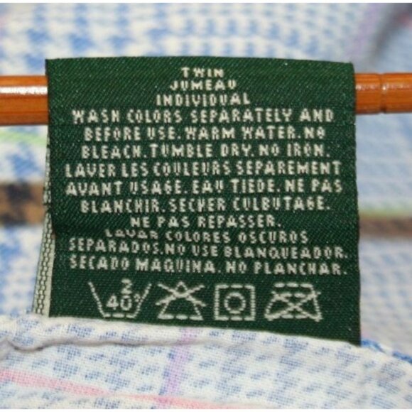 VTG RLL Ralph Lauren Twin Flat Sheet Blue Pink Green Houndstooth Classic Preppy - Picture 5 of 5